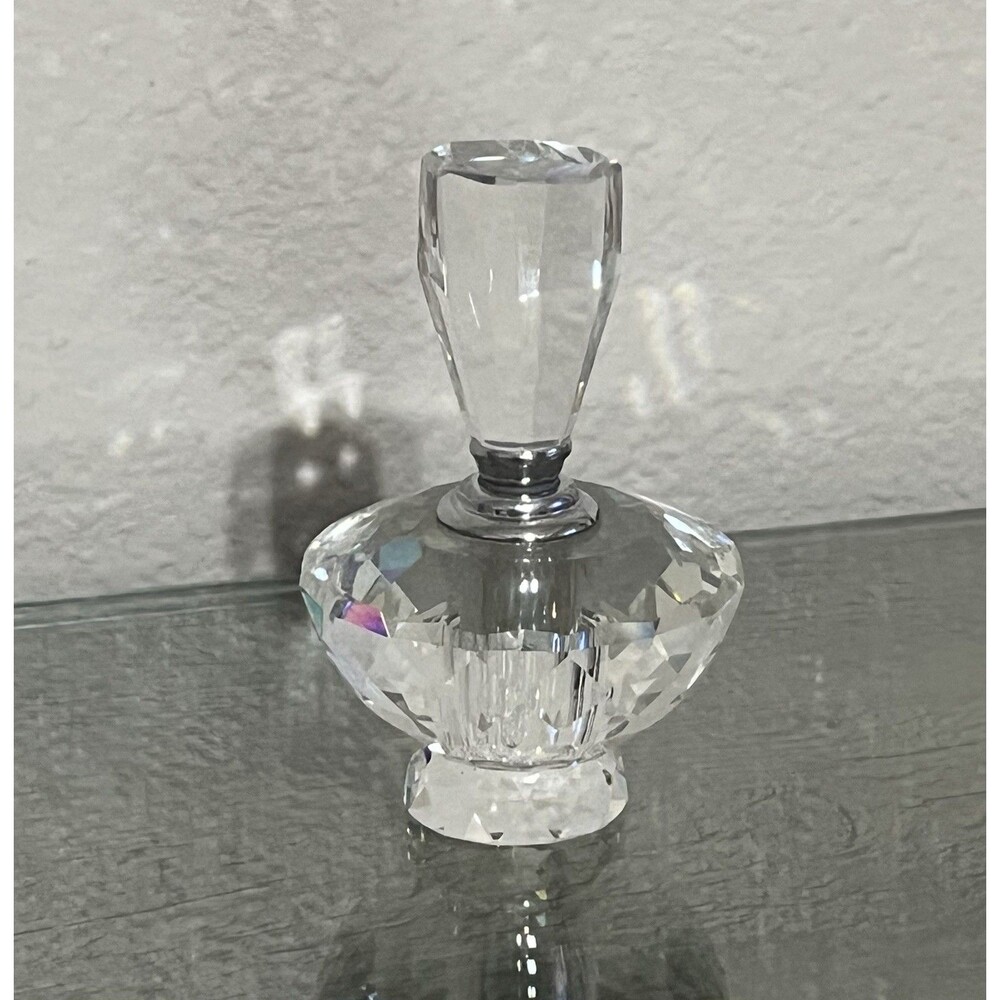 Crystal Perfume Bottle With Dauber Top 3.5” Clear Faceted Art Deco Design